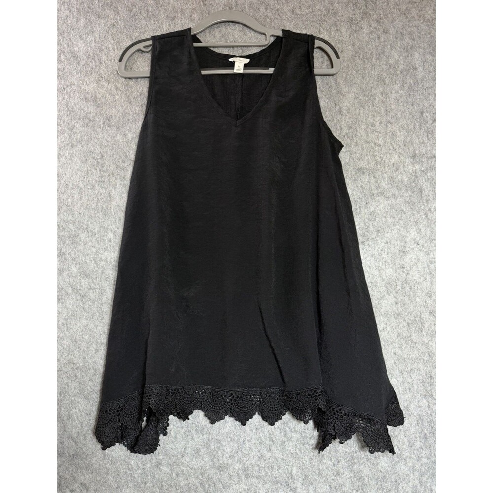 Cato Top Shirt Womens Medium Black Sleeveless Tunic Tank Crochet Hem Relaxed